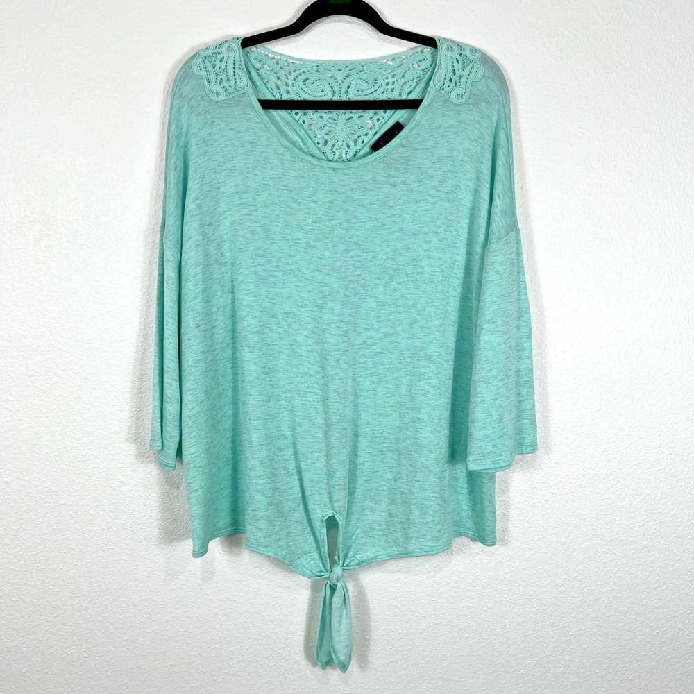 French Blue Blouse Top Green Teal Lace Upper Tie Back‎ Boho Women's 1X